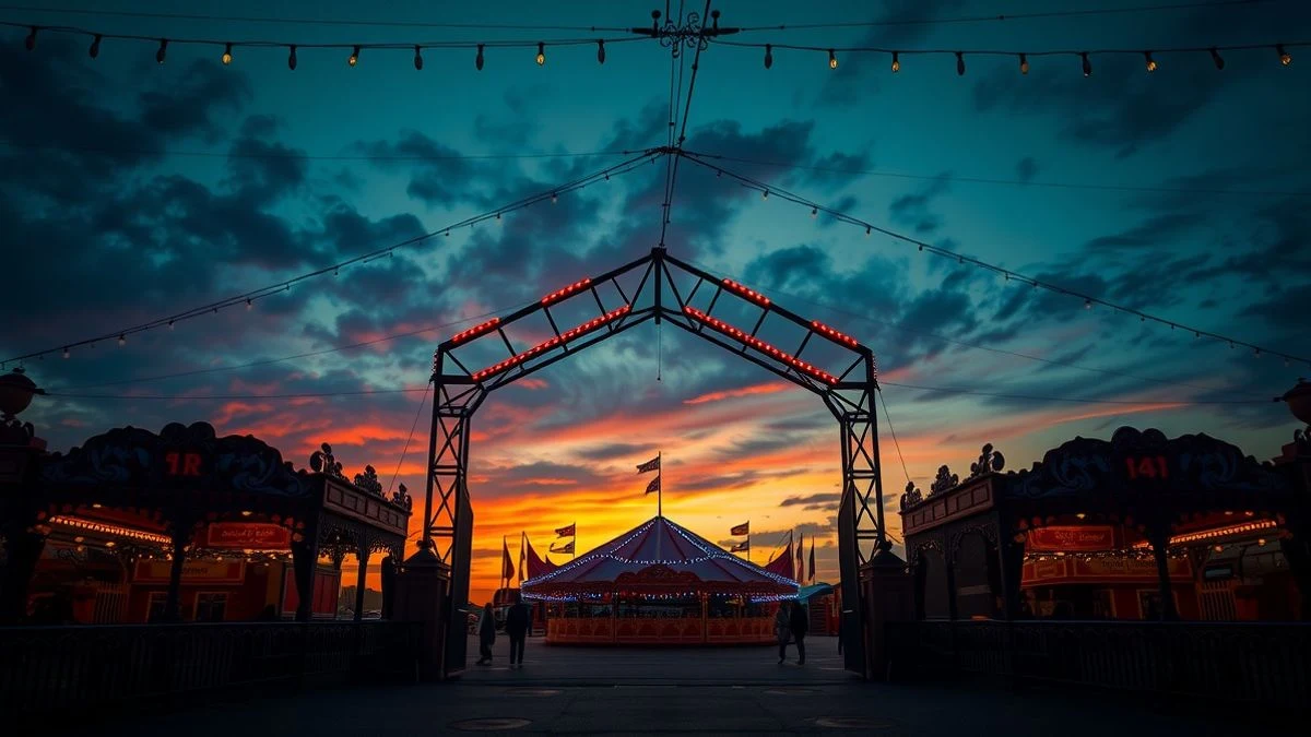 Imagen ilustrativa: entrada de un recinto ferial al atardecer, con un arco decorado y luces de colores, sin personas visibles.
