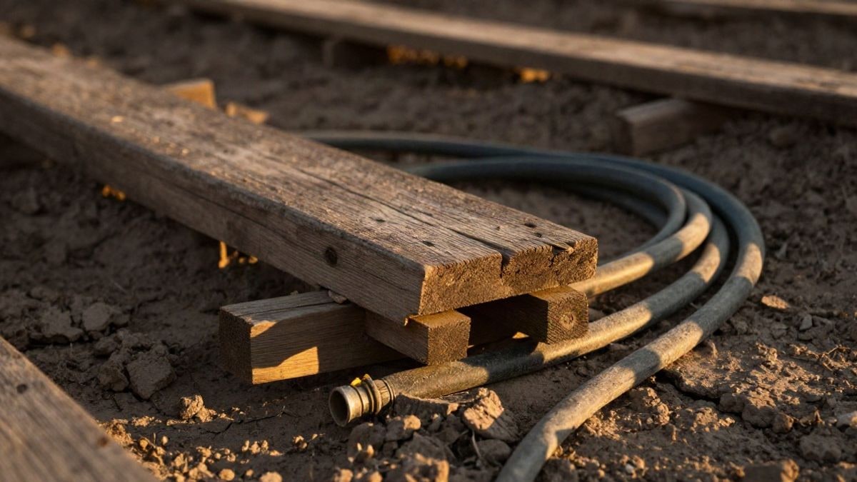 Imagen ilustrativa: primer plano de tablones de madera y una manguera de riego enrollada sobre tierra seca al atardecer
