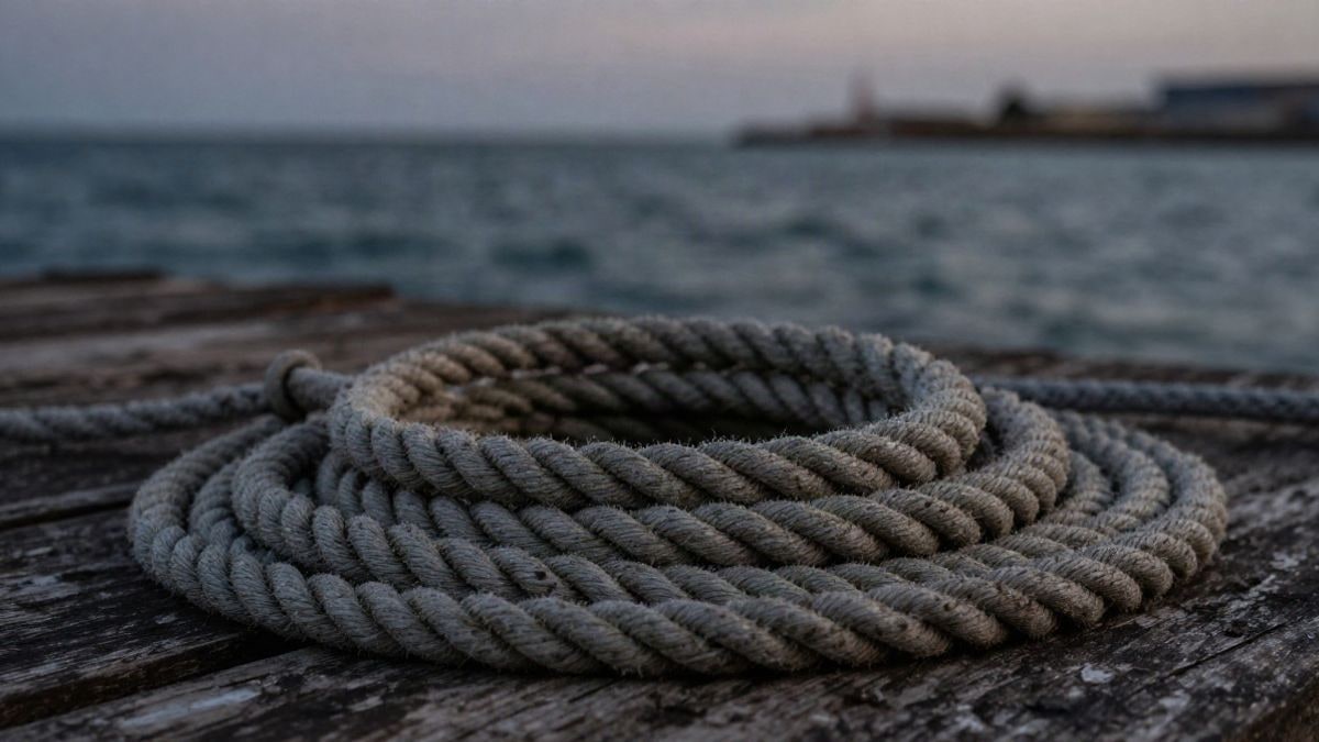 Imagen ilustrativa: primer plano de un cabo de amarre sobre un muelle de madera con el mar al fondo