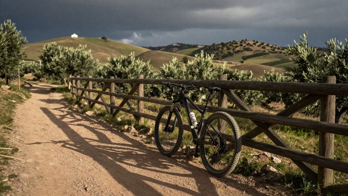 Imagen ilustrativa: bicicleta de montaña apoyada en una valla de madera junto a un sendero rural al atardecer