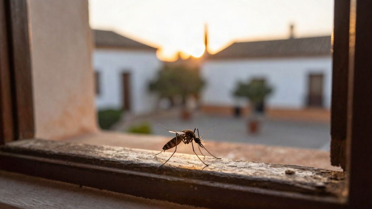 Imagen ilustrativa: un mosquito posado en el alféizar de una ventana al atardecer