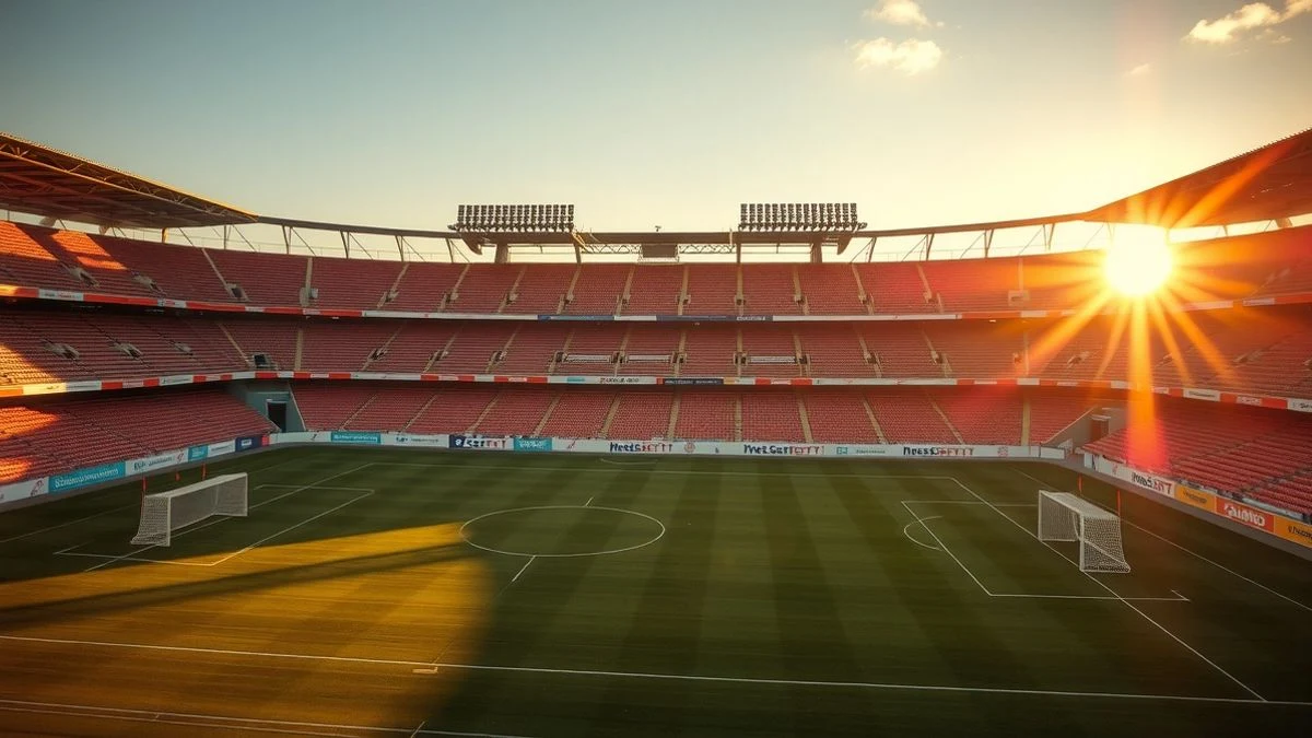 Imagen ilustrativa: vista aérea de un campo de fútbol vacío con porterías y gradas al fondo, iluminado por la luz del atardecer.