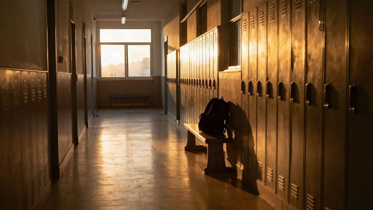 Imagen ilustrativa: pasillo escolar vacío con luz de atardecer y sombras largas