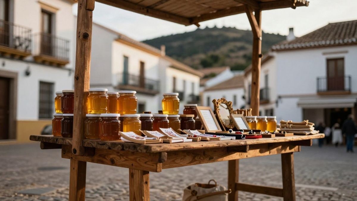 Imagen ilustrativa: puesto de madera con tarros de miel en una plaza de pueblo blanco andaluz