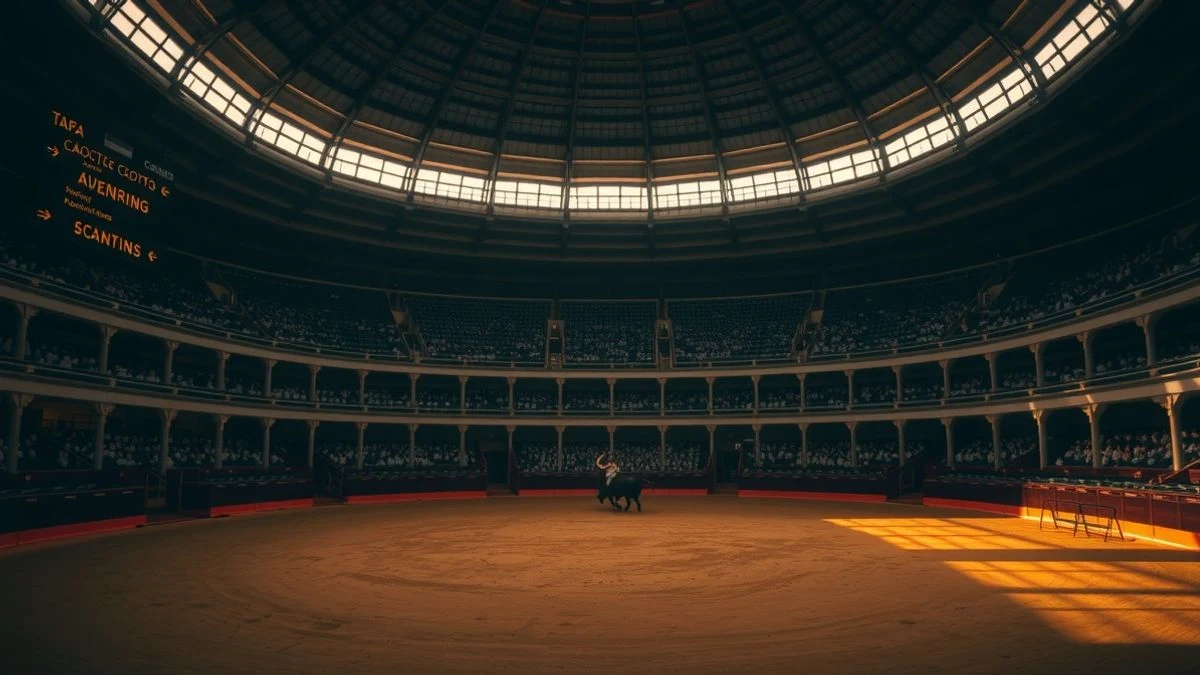 Imagen ilustrativa: una plaza de toros vacía al atardecer, con la arena y los tendidos en penumbra y un capote rojo sobre una barrera.