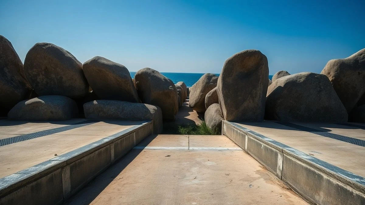Nuevo paseo marítimo de Matalascañas con escollera y pavimento de hormigón frente al mar.