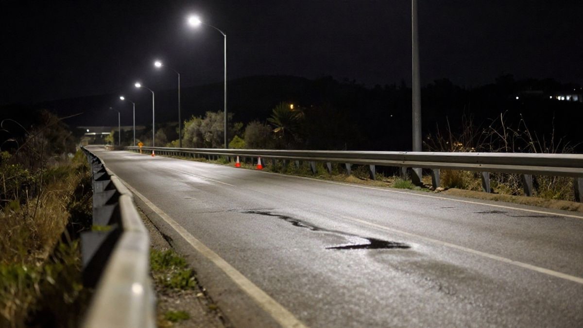 Imagen ilustrativa: carretera nocturna iluminada por farolas, con el asfalto mojado reflejando la luz artificial.