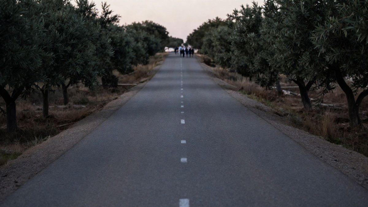 Imagen ilustrativa: carretera rural vacía que atraviesa un paisaje de dehesa al atardecer