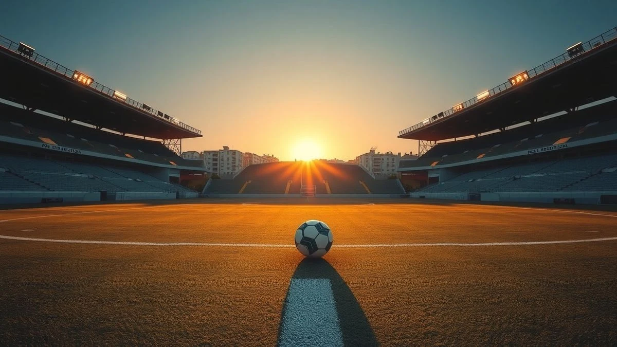 Imagen ilustrativa: un campo de fútbol vacío al atardecer, con un balón en el centro del círculo y un pueblo costero genérico al fondo.