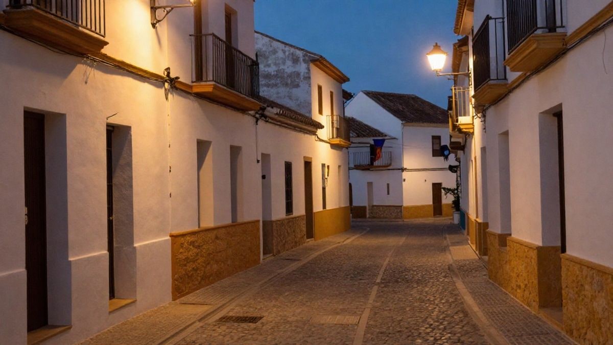 Imagen ilustrativa: calle de un pueblo andaluz al atardecer con farolas encendidas y sombras alargadas sobre fachadas encaladas