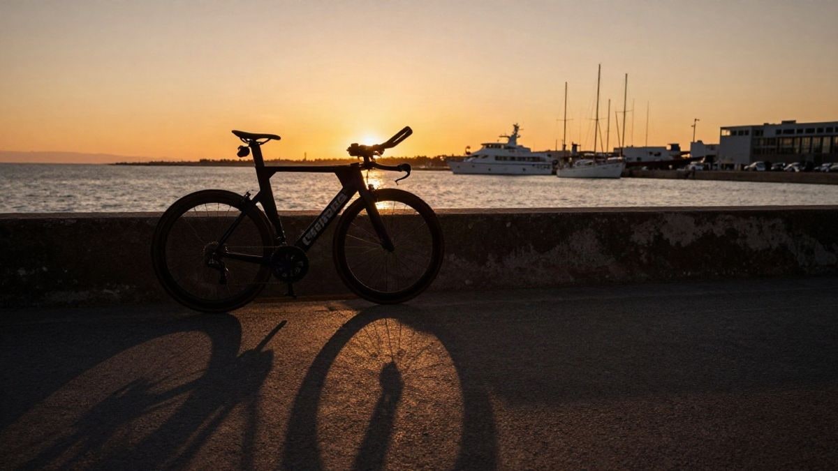 Imagen ilustrativa: bicicleta de triatlón junto a un puerto deportivo al atardecer