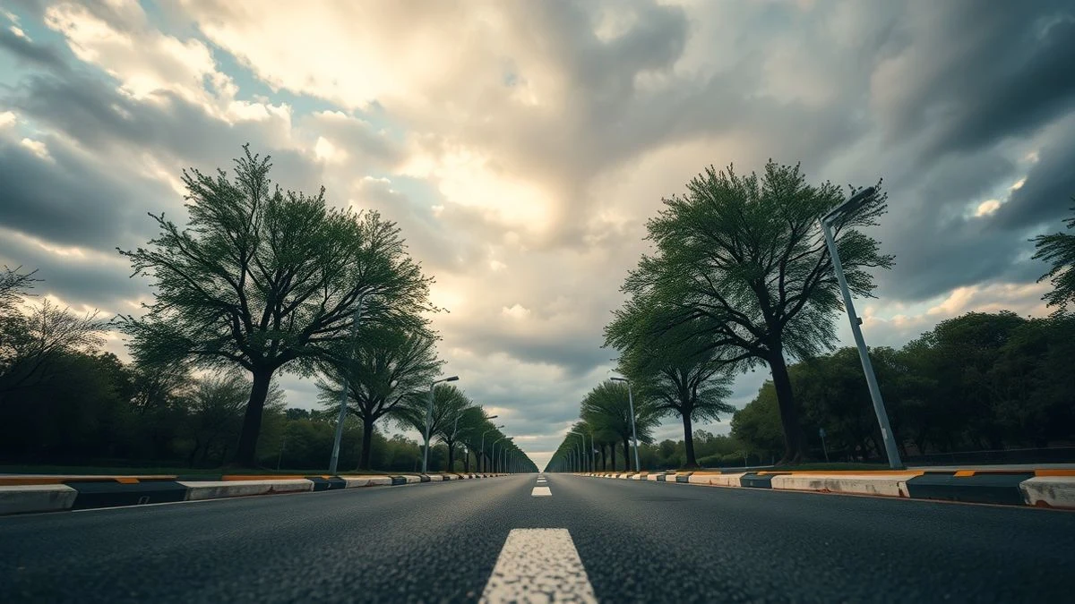 Imagen ilustrativa: una calle recién pavimentada con farolas y árboles nuevos, vista desde un ángulo bajo con el cielo de fondo.