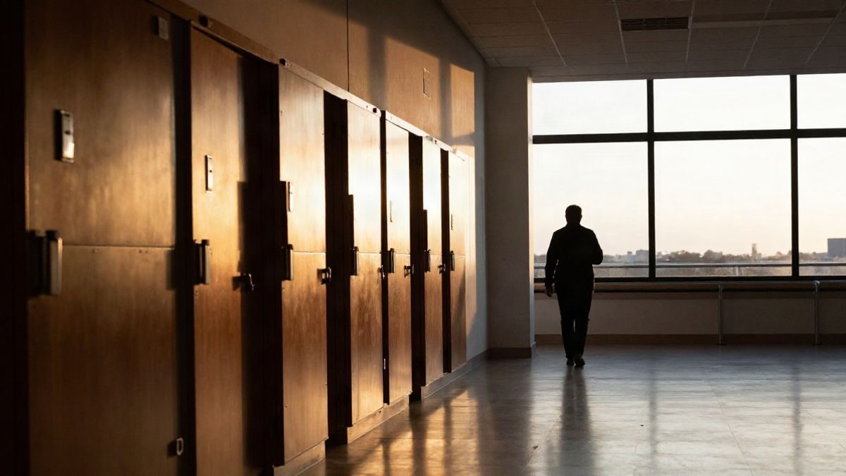 Imagen ilustrativa: contraluz al atardecer en un vestíbulo hospitalario genérico con ascensores de acero inoxidable