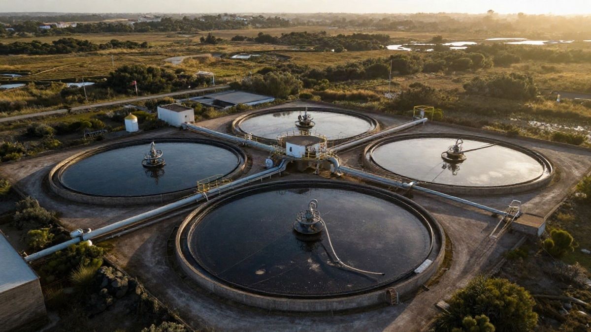 Imagen ilustrativa: vista cenital de una planta de tratamiento de agua con tanques circulares junto a zonas de marisma