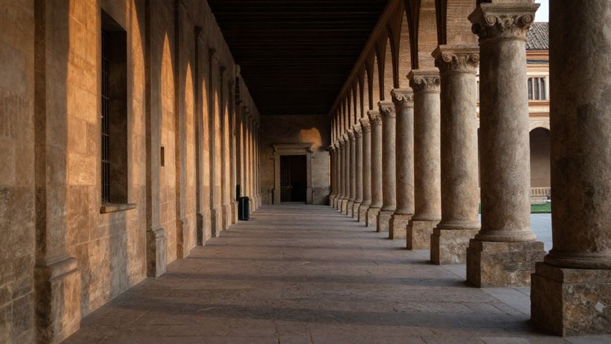 Imagen ilustrativa: pasillo de columnas de piedra en un edificio histórico iluminado por la luz cálida del atardecer