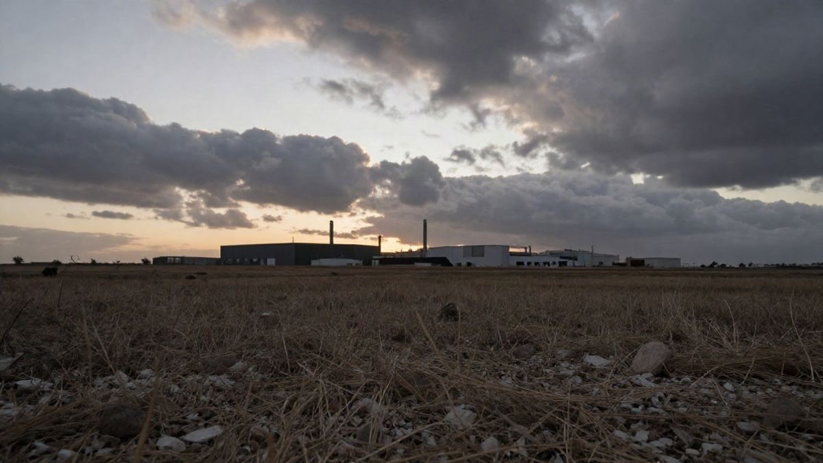 Imagen ilustrativa: paisaje industrial vacío al atardecer con un vertedero genérico en la lejanía