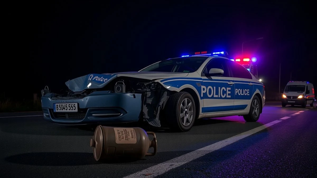 Coche patrulla de la Guardia Civil con el frontal dañado en una carretera costera de noche, con luces de emergencia azules y rojas.