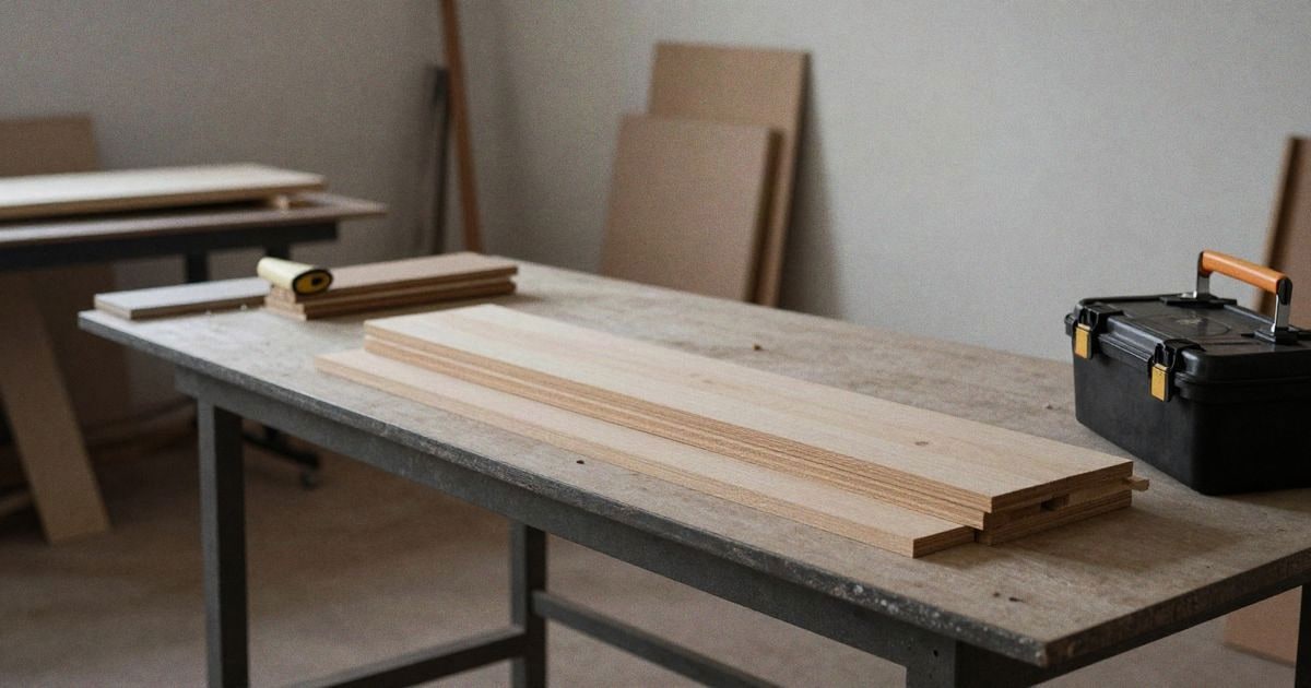 Imagen ilustrativa: interior de un taller con banco de trabajo, maderas y caja de herramientas iluminado por luz lateral.