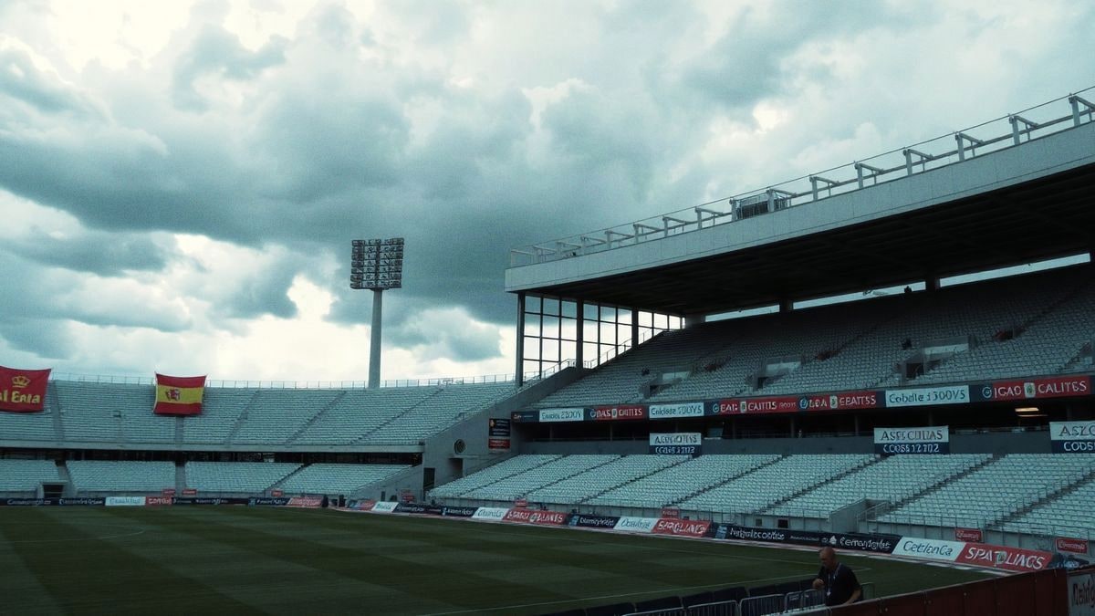 Estadio de fútbol vacío en España, con asientos desocupados y pancartas, reflejando la tensión previa al partido.