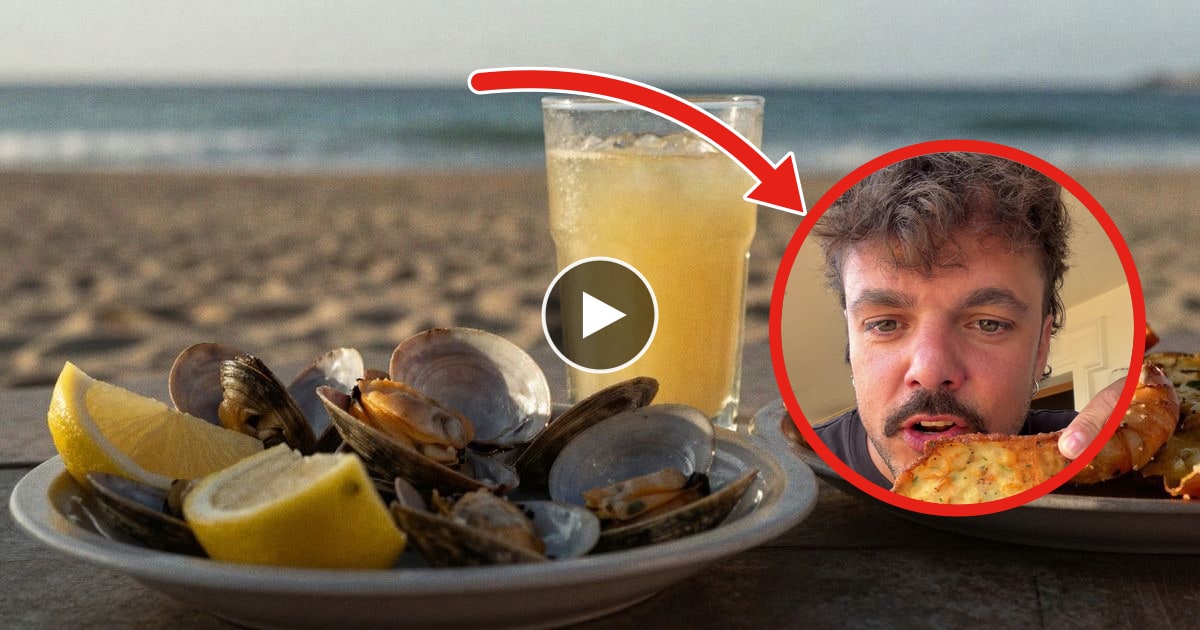 Imagen ilustrativa: plato de coquinas con limón y tortillita de camarones sobre una mesa de madera en una terraza de chiringuito junto al mar.