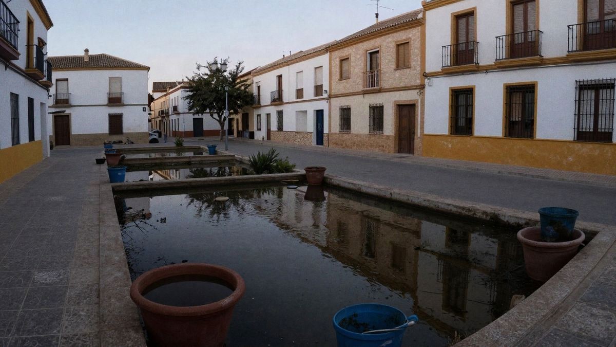 Zona urbana tranquila en Huelva con agua estancada bajo luz suave del atardecer, reflejando una atmósfera serena.