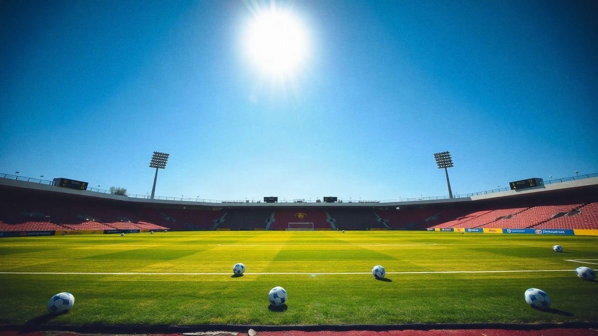 Día soleado en el estadio Nuevo Colombino con césped verde y equipo de entrenamiento en el campo vacío.