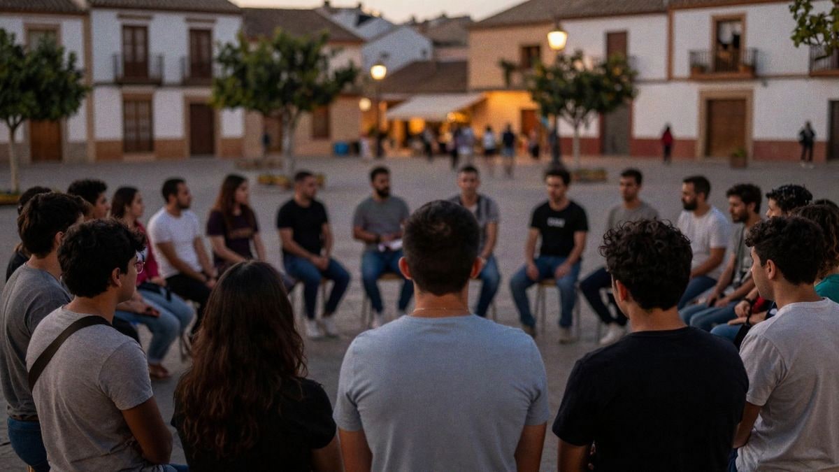 Imagen ilustrativa: grupo de jóvenes en círculo en una plaza al atardecer, con uno en el centro gesticulando.